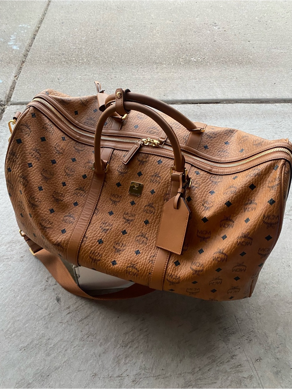 MCM Cognac Visetos Leather Duffel Bag